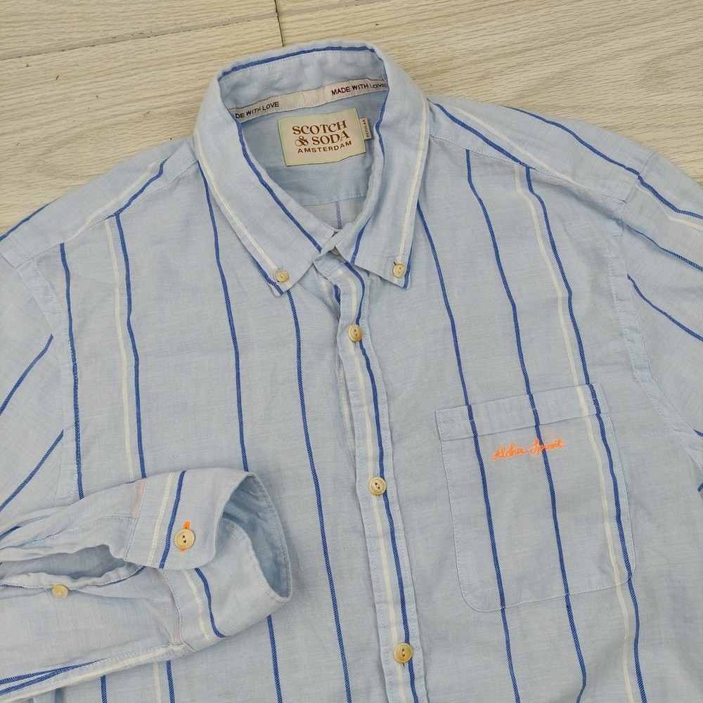 Scotch & Soda Shirt Mens Medium Linen Aloha Spirit Striped Blue Button Down‎